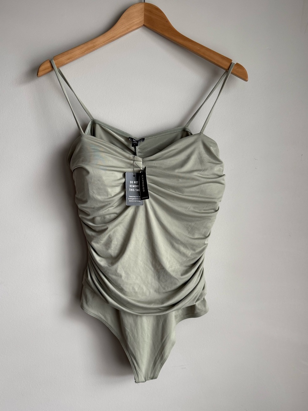 Express Sage Green Ruched Spaghetti-Strap Bodysuit Large